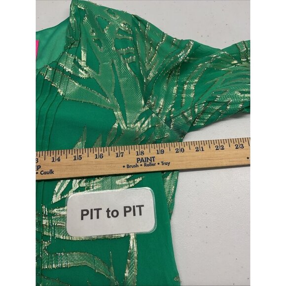 Lilly Pulitzer Green Gold Metallic Silk Long‎ Sleeve Swing Dress Size 14 Festive - Picture 12 of 14